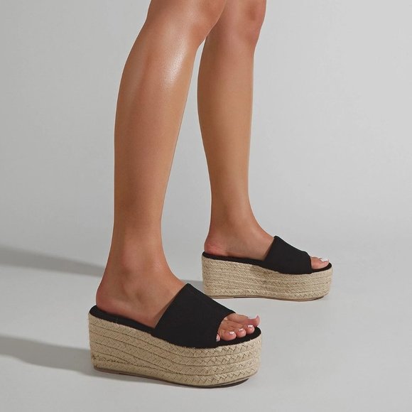Espadrille Sole Suedette Wedge Slide Sandals in Black / Tan Size 7.5 US - Picture 5 of 5